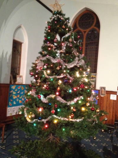 The decorated Christmas tree in Whitehall Road Methodist Church, Gateshead.